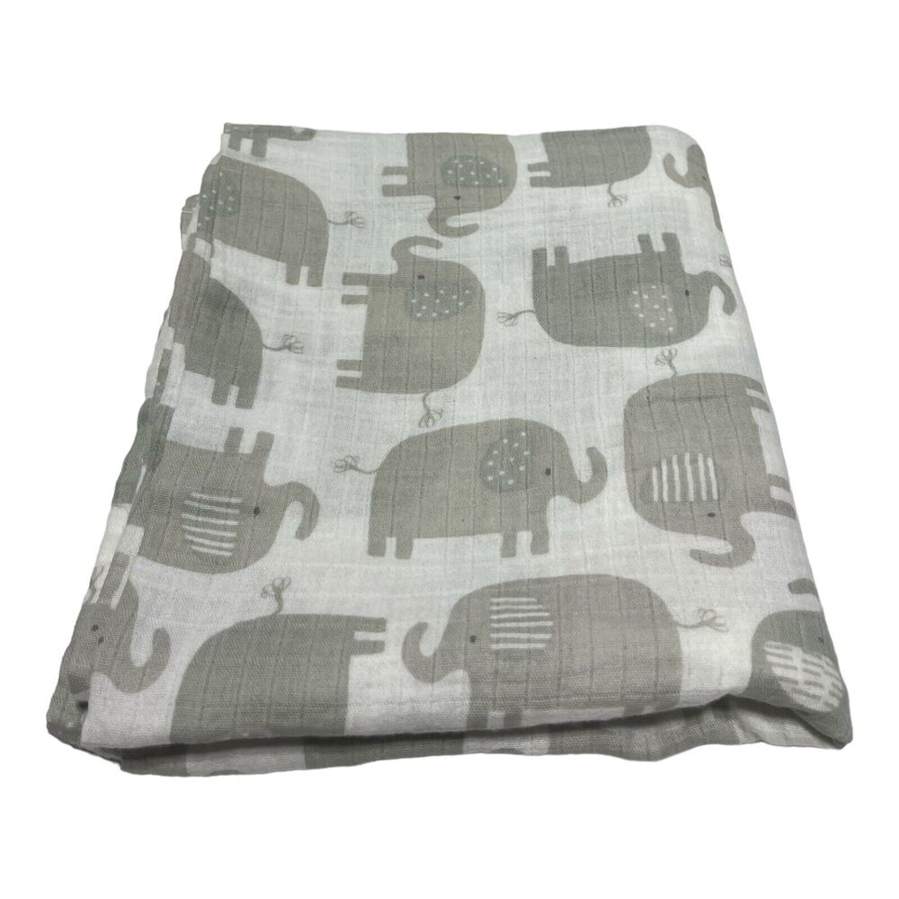 Le Petit Gray White Elephant Muslin Swaddle Baby Blanket 100% Cotton